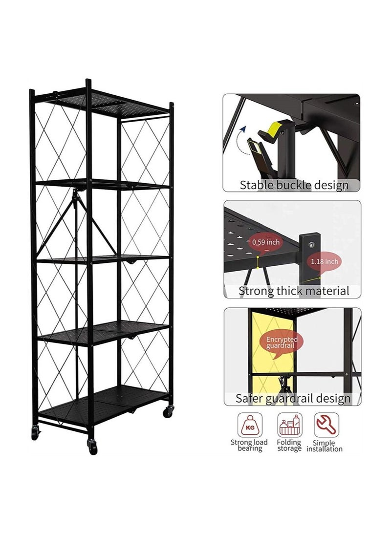5 Tier Foldable Standing Storage Rack Shelf Unit With Wheel for Kitchen Garage Home Closet Office Heavy Duty Shelves black