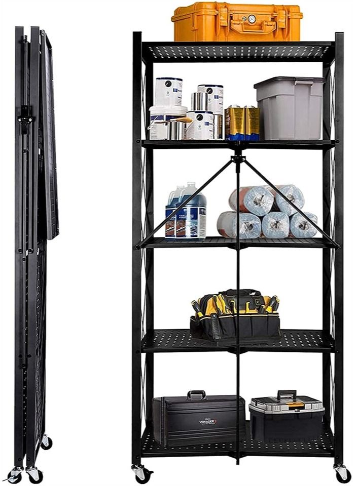 5 Tier Foldable Standing Storage Rack Shelf Unit With Wheel for Kitchen Garage Home Closet Office Heavy Duty Shelves black