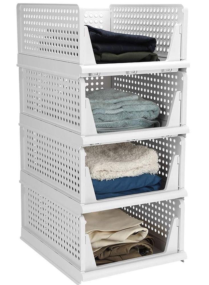 4 Pack Stackable Plastic Storage Basket for Wardrobe Cabinet Kitchen Bathroom and Office 43x33x18.5cm,White