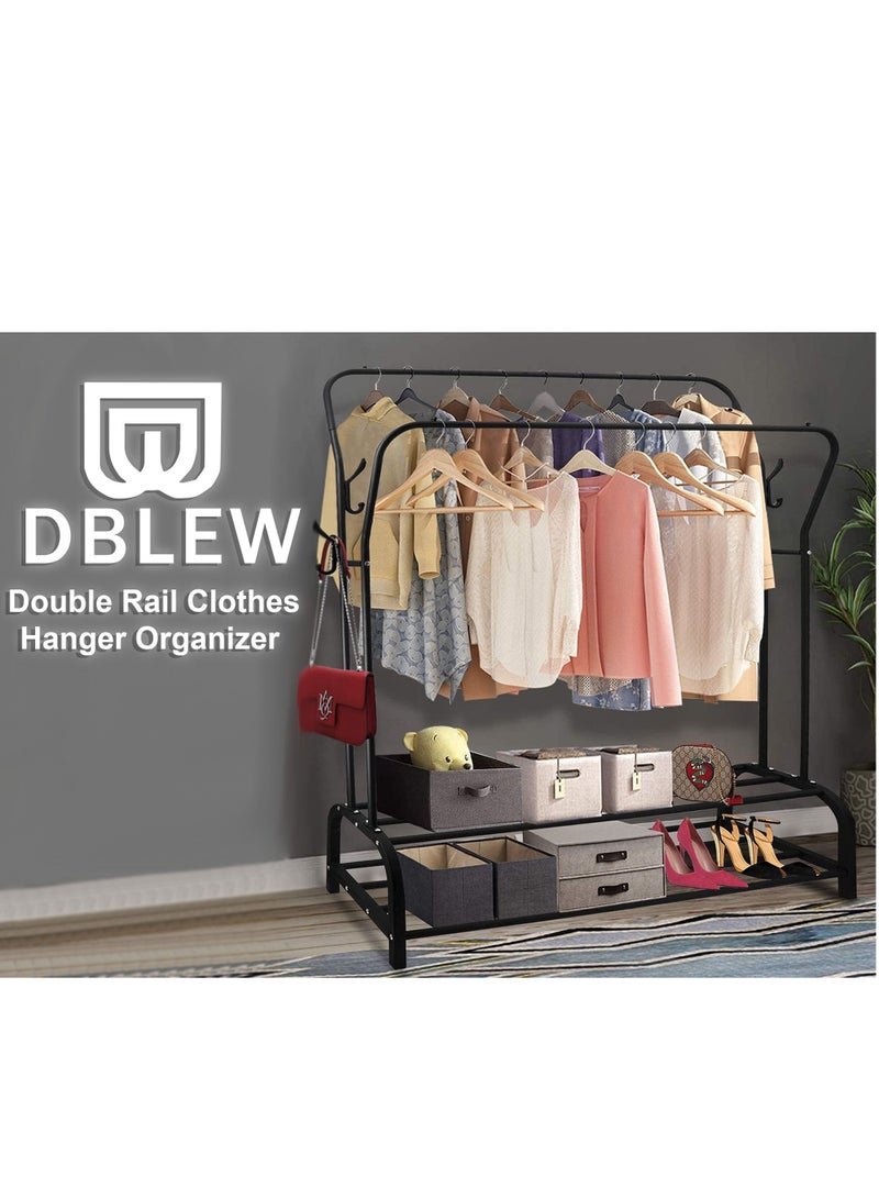 Metal Clothes Organizer Hangers Garments Drying Rack Clothing Hanging Stand Double Rail And Lower Storage Shelves for Storing Shoes Shelf