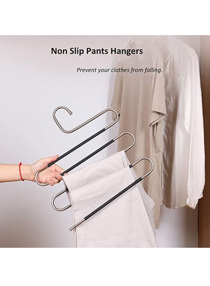 Pants Hangers S-Shape 5 Layers Stainless Steel with Black Silicone Coating Multi Clothes Cascading Hangers Space Saving Clothes Organizer for Jeans Pants Scarf Ties Towels(5pcs)