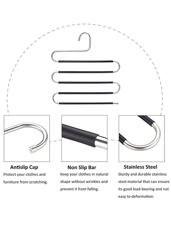 Pants Hangers S-Shape 5 Layers Stainless Steel with Black Silicone Coating Multi Clothes Cascading Hangers Space Saving Clothes Organizer for Jeans Pants Scarf Ties Towels(5pcs)