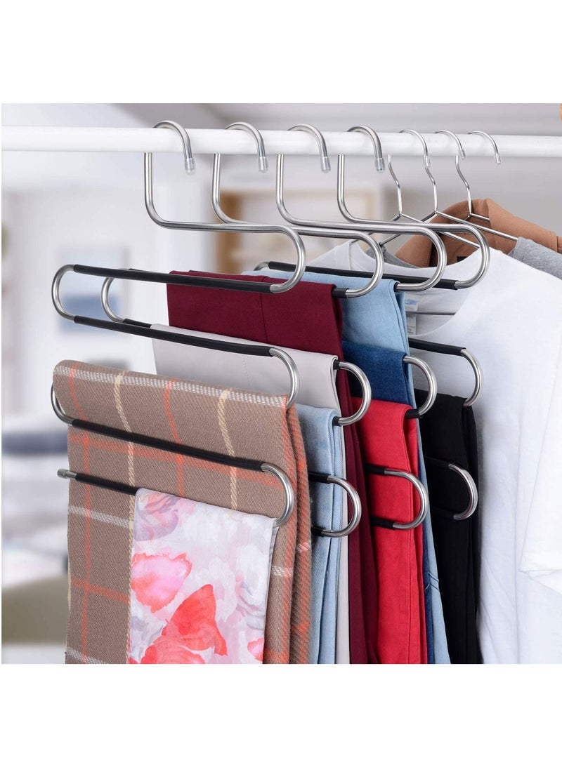 Pants Hangers S-Shape 5 Layers Stainless Steel with Black Silicone Coating Multi Clothes Cascading Hangers Space Saving Clothes Organizer for Jeans Pants Scarf Ties Towels(5pcs)