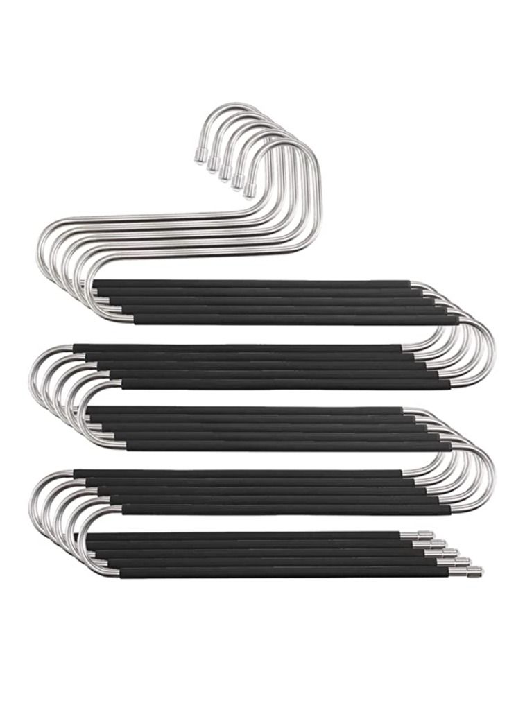 Pants Hangers S-Shape 5 Layers Stainless Steel with Black Silicone Coating Multi Clothes Cascading Hangers Space Saving Clothes Organizer for Jeans Pants Scarf Ties Towels(5pcs)