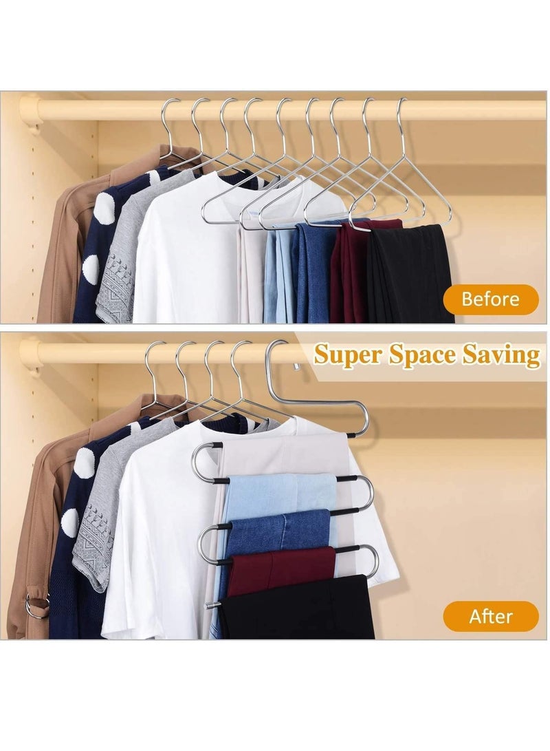 Pants Hangers S-Shape 5 Layers Stainless Steel with Black Silicone Coating Multi Clothes Cascading Hangers Space Saving Clothes Organizer for Jeans Pants Scarf Ties Towels(5pcs)