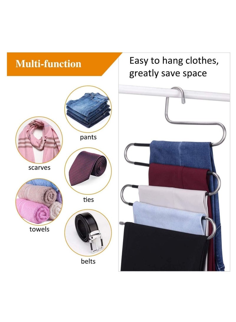 Pants Hangers S-Shape 5 Layers Stainless Steel with Black Silicone Coating Multi Clothes Cascading Hangers Space Saving Clothes Organizer for Jeans Pants Scarf Ties Towels(5pcs)