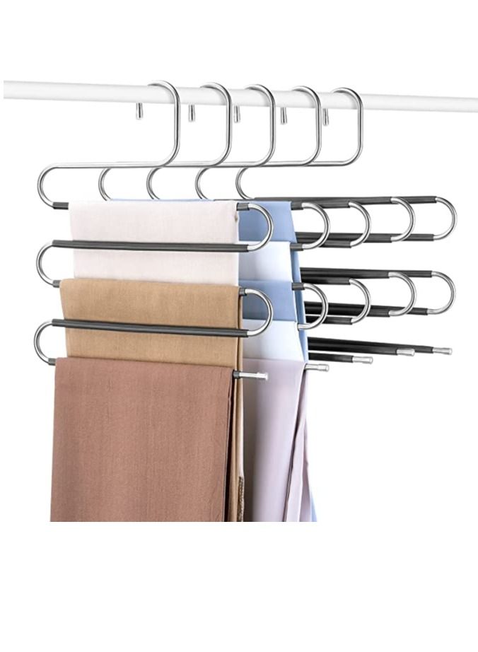 Pants Hangers S-Shape 5 Layers Stainless Steel with Black Silicone Coating Multi Clothes Cascading Hangers Space Saving Clothes Organizer for Jeans Pants Scarf Ties Towels(5pcs)