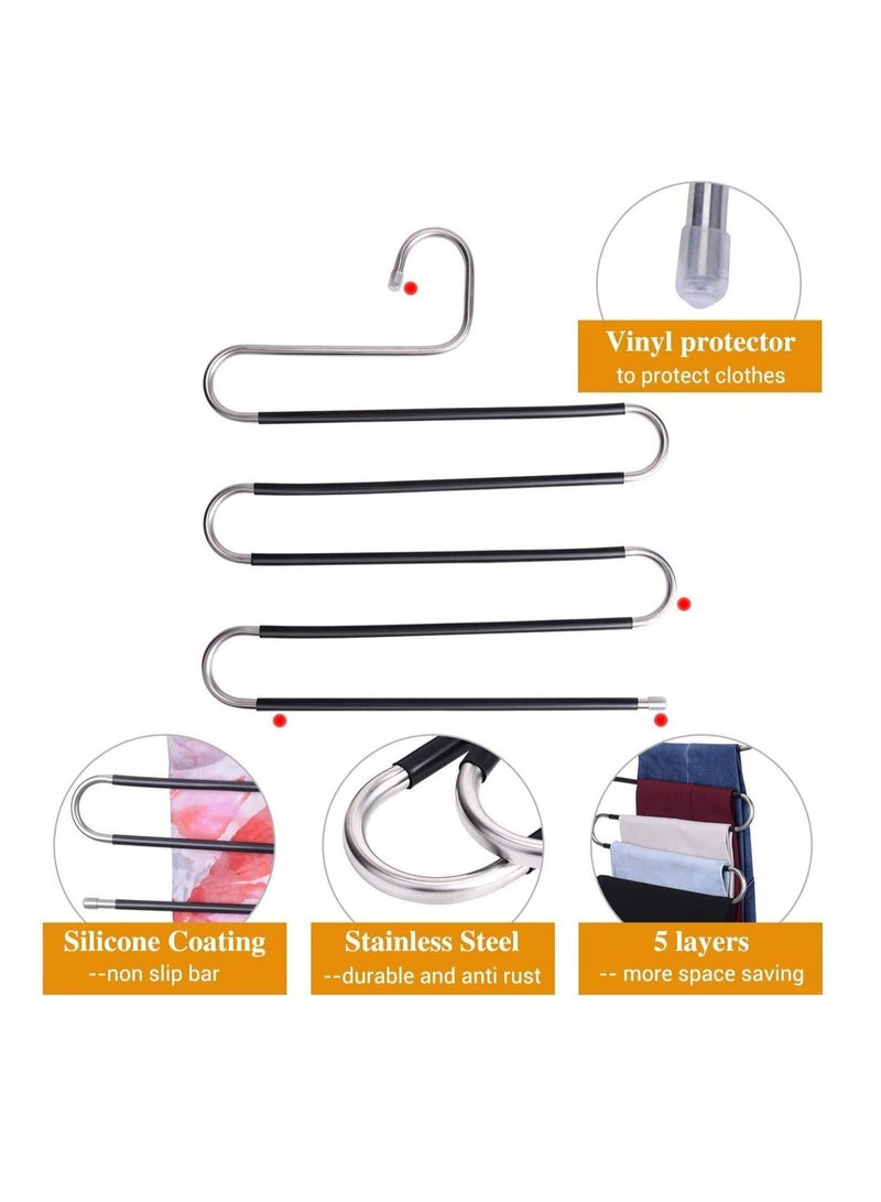Pants Hangers S-Shape 5 Layers Stainless Steel with Black Silicone Coating Multi Clothes Cascading Hangers Space Saving Clothes Organizer for Jeans Pants Scarf Ties Towels(5pcs)