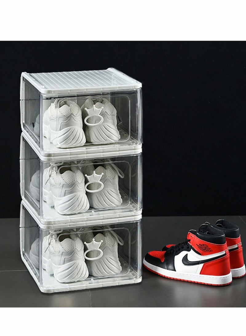 4 Pack Foldable Stackable Plastic Shoe Box Clear Acrylic Containers and Organizer with Pull Ring Opening Door Can Fully Transparent for Display Sneakers