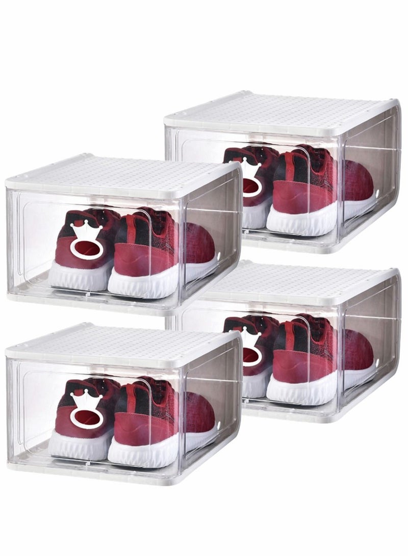 4 Pack Foldable Stackable Plastic Shoe Box Clear Acrylic Containers and Organizer with Pull Ring Opening Door Can Fully Transparent for Display Sneakers