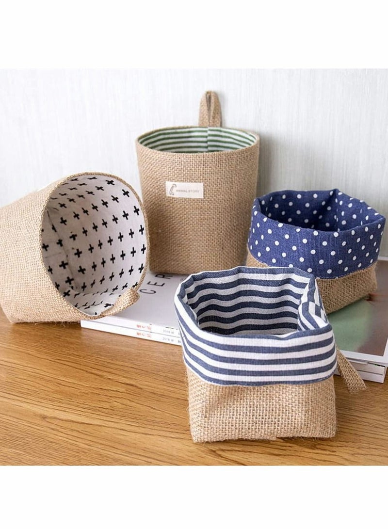 6 Pcs Mini Hanging Storage Bag, Cotton Linen Wall-Hanging Storage Basket Desktop Storage Collapsible Decor Bin Bag for Wall Door Closet, Toy, Makeup, Key, Small Stuff (Stripe, Dot)