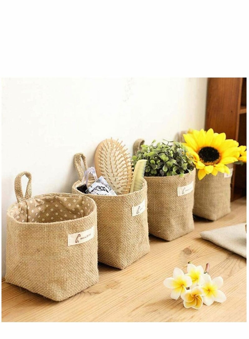 6 Pcs Mini Hanging Storage Bag, Cotton Linen Wall-Hanging Storage Basket Desktop Storage Collapsible Decor Bin Bag for Wall Door Closet, Toy, Makeup, Key, Small Stuff (Stripe, Dot)