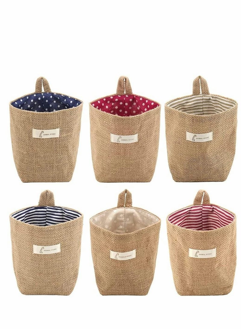 6 Pcs Mini Hanging Storage Bag, Cotton Linen Wall-Hanging Storage Basket Desktop Storage Collapsible Decor Bin Bag for Wall Door Closet, Toy, Makeup, Key, Small Stuff (Stripe, Dot)