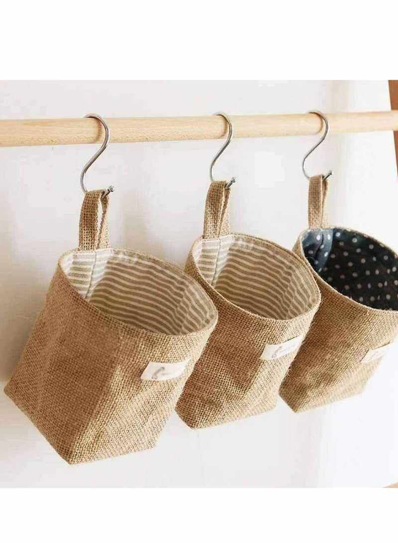 6 Pcs Mini Hanging Storage Bag, Cotton Linen Wall-Hanging Storage Basket Desktop Storage Collapsible Decor Bin Bag for Wall Door Closet, Toy, Makeup, Key, Small Stuff (Stripe, Dot)