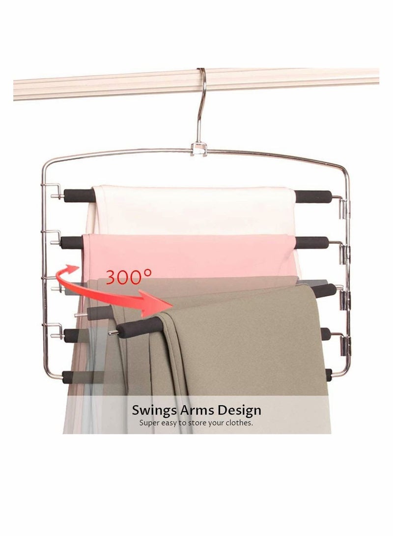 Pants Hangers 5 Layers Multi Trouser Hangers Space Saving Hangers Stainless Steel Non-Slip Foam Padded Swing Arm for Pants, Trousers, Jeans, Scarves, Skirt