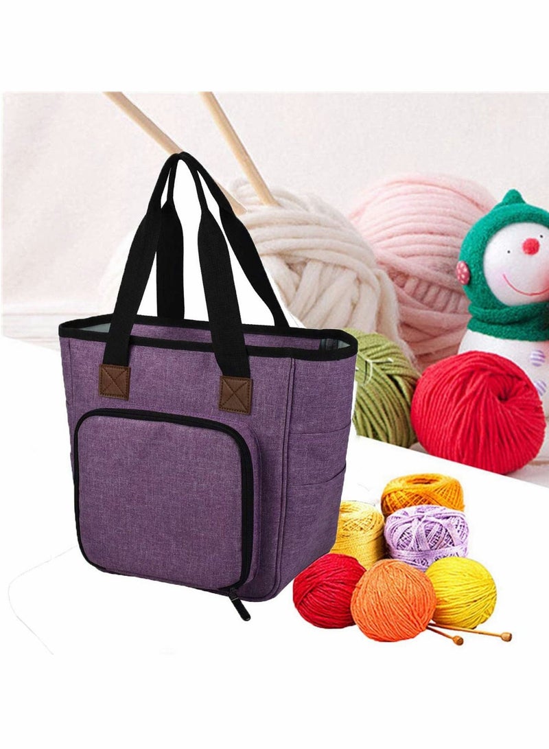 Knitting Bag Portable, Yarn Storage Tote Bag, Portable Cotton Knitting Tote Bag with Slits & Pockets for Knitting Needles, Yarn, Crochet Hooks and Supplies, Prevents Tangling (Only Bag)