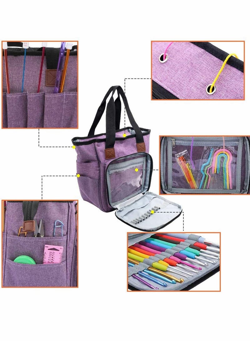 Knitting Bag Portable, Yarn Storage Tote Bag, Portable Cotton Knitting Tote Bag with Slits & Pockets for Knitting Needles, Yarn, Crochet Hooks and Supplies, Prevents Tangling (Only Bag)