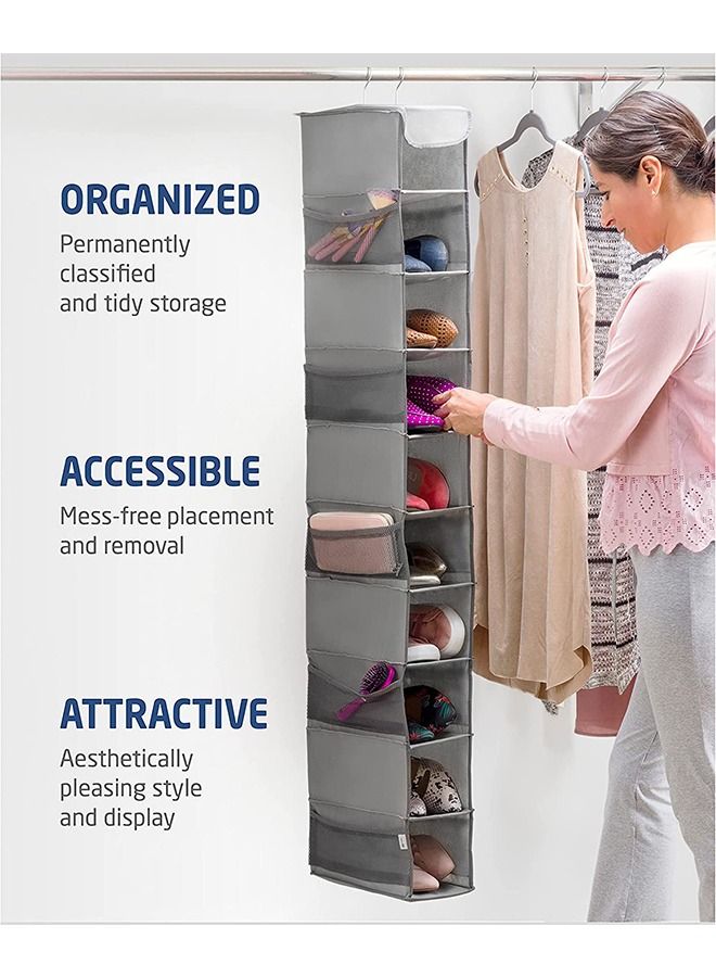 Zober 10-Shelf Hanging Shoe Organizer, Shoe Holder for Closet - 10 Mesh Pockets for Accessories - Breathable Polypropylene, Gray - 5 x 11.5 inch x 52 inch