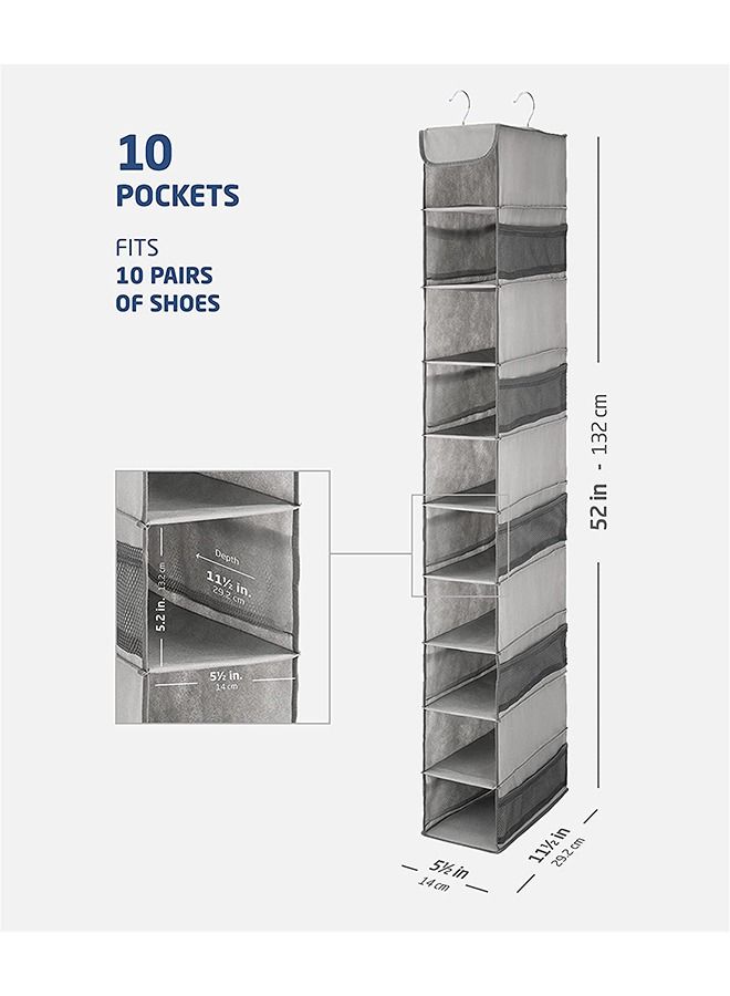 Zober 10-Shelf Hanging Shoe Organizer, Shoe Holder for Closet - 10 Mesh Pockets for Accessories - Breathable Polypropylene, Gray - 5 x 11.5 inch x 52 inch