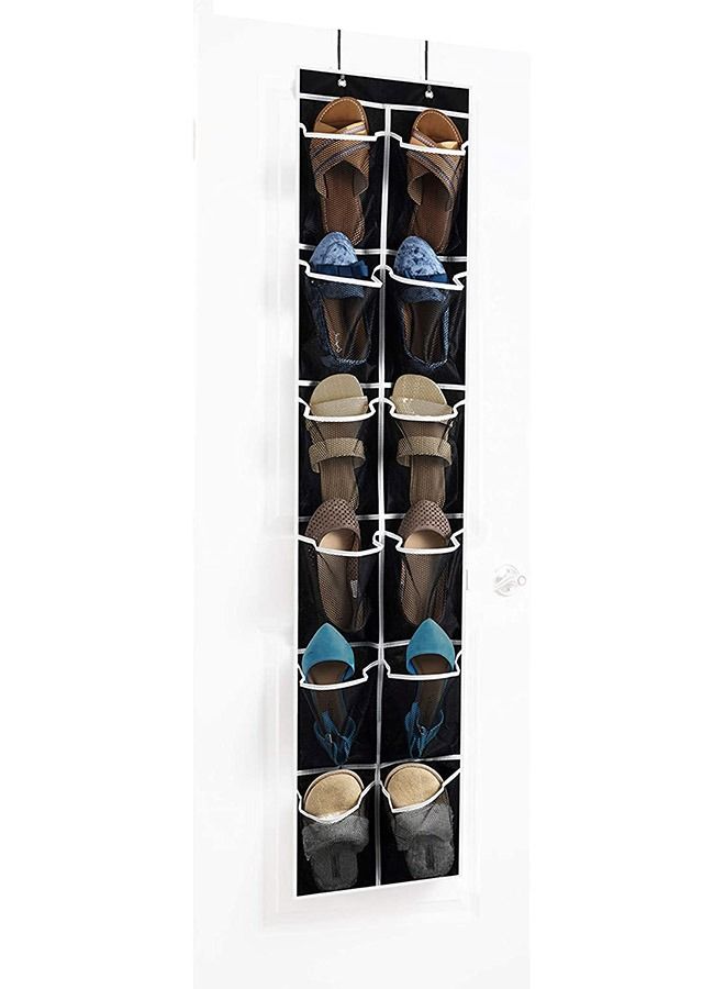 Zober Narrow Over the Door Shoe Organizer with 12 Mesh Pockets, Over the Door Organizer Great for Accessories, Toiletries, Laundry Items, Black with White Trim. 12' x 57 '