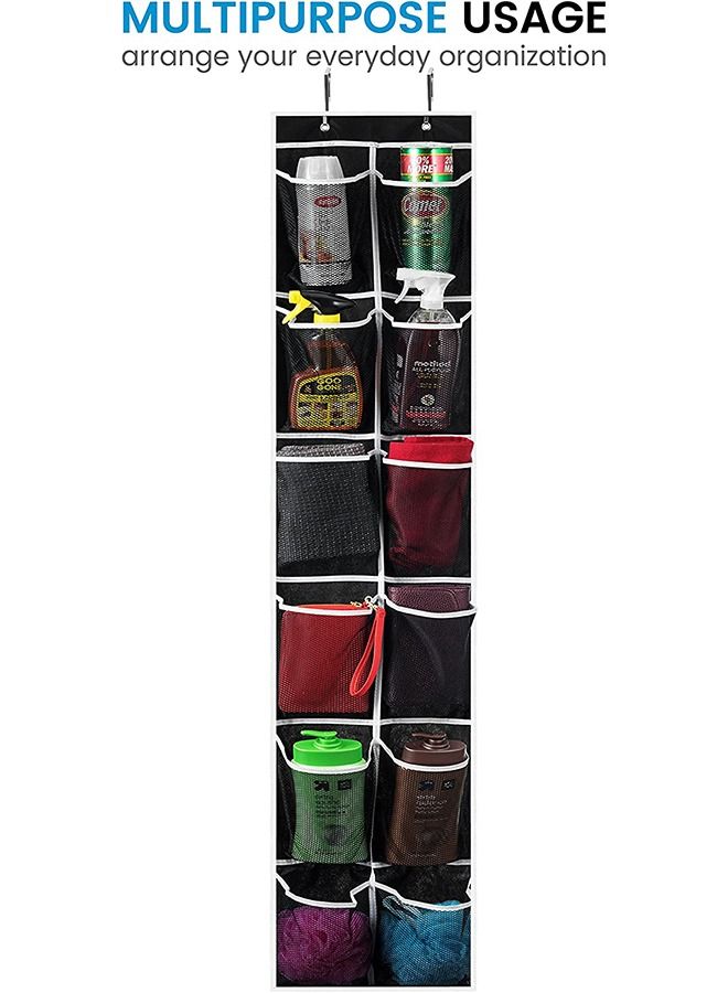 Zober Narrow Over the Door Shoe Organizer with 12 Mesh Pockets, Over the Door Organizer Great for Accessories, Toiletries, Laundry Items, Black with White Trim. 12' x 57 '