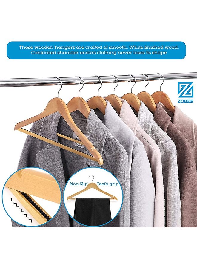 High Grade Wooden Suit Hangers with Teeth Grip Smooth Finish, Solid Wood, Non Slip Pant Bar, Precisely Cut Notches for Camisole, Jacket, Pant, Dress, Clothes (20 Pack)