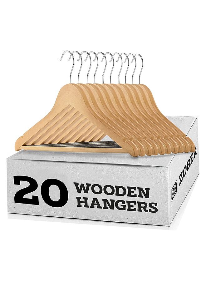 High Grade Wooden Suit Hangers with Teeth Grip Smooth Finish, Solid Wood, Non Slip Pant Bar, Precisely Cut Notches for Camisole, Jacket, Pant, Dress, Clothes (20 Pack)