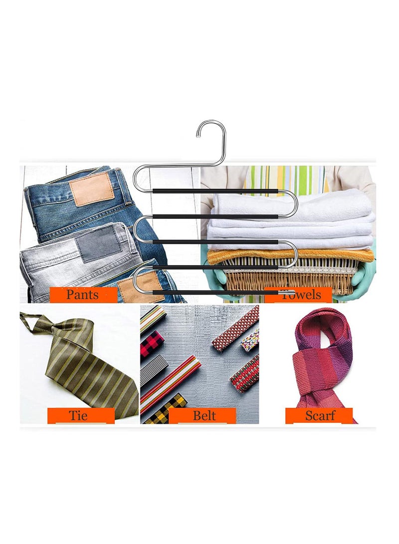 S-Shape Pants Hangers Space Saving Trousers Hangers 4 Pack 5 Layer Stainless Steel S-Shape Trousers Hangers(Black 4-Pack)