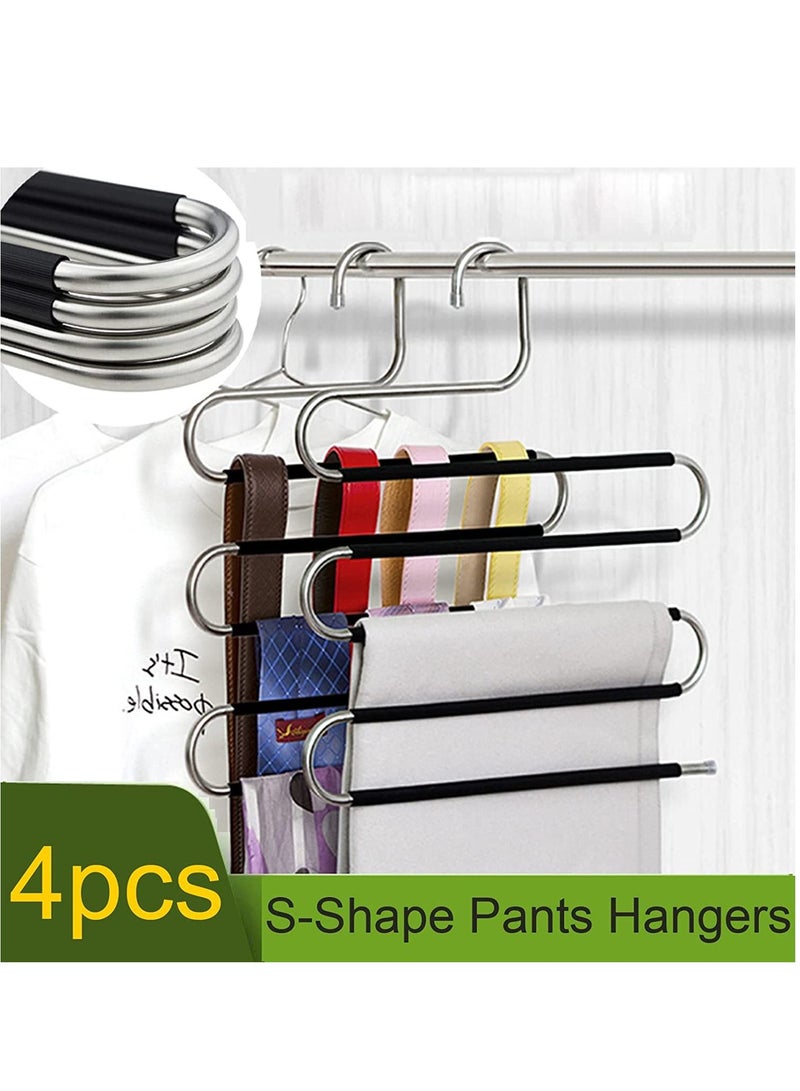 S-Shape Pants Hangers Space Saving Trousers Hangers 4 Pack 5 Layer Stainless Steel S-Shape Trousers Hangers(Black 4-Pack)