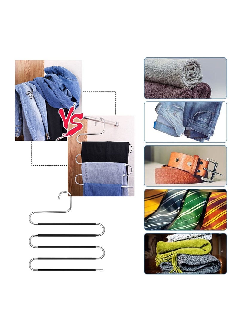 S-Shape Pants Hangers Space Saving Trousers Hangers 4 Pack 5 Layer Stainless Steel S-Shape Trousers Hangers(Black 4-Pack)