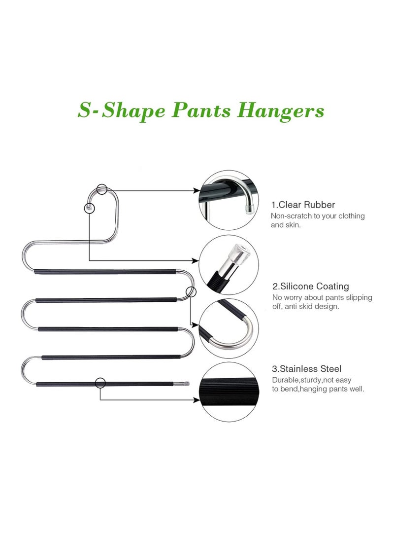 S-Shape Pants Hangers Space Saving Trousers Hangers 4 Pack 5 Layer Stainless Steel S-Shape Trousers Hangers(Black 4-Pack)