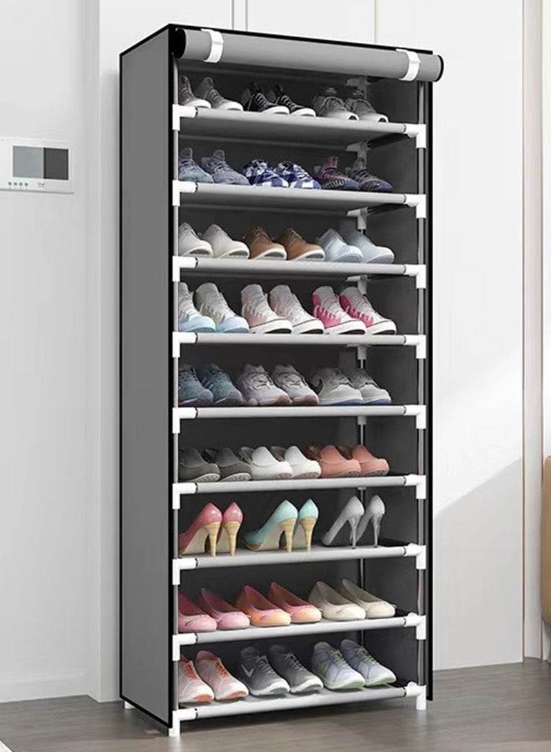 9 Tiers Shoes Rack with Dustproof Cover Adjustable Tall Shoe Storage Hold 24 Pairs of Shoes Cabinet Closet Shoe Organizer Shelf Doorway Corridor 30x60x155cm, Grey