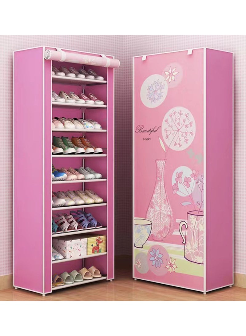 9 Tiers Shoes Rack with Dustproof Cover Adjustable Tall Shoe Storage Hold 24 Pairs of Shoes Cabinet Closet Shoe Organizer Shelf Doorway Corridor 30x60x155cm, Pink