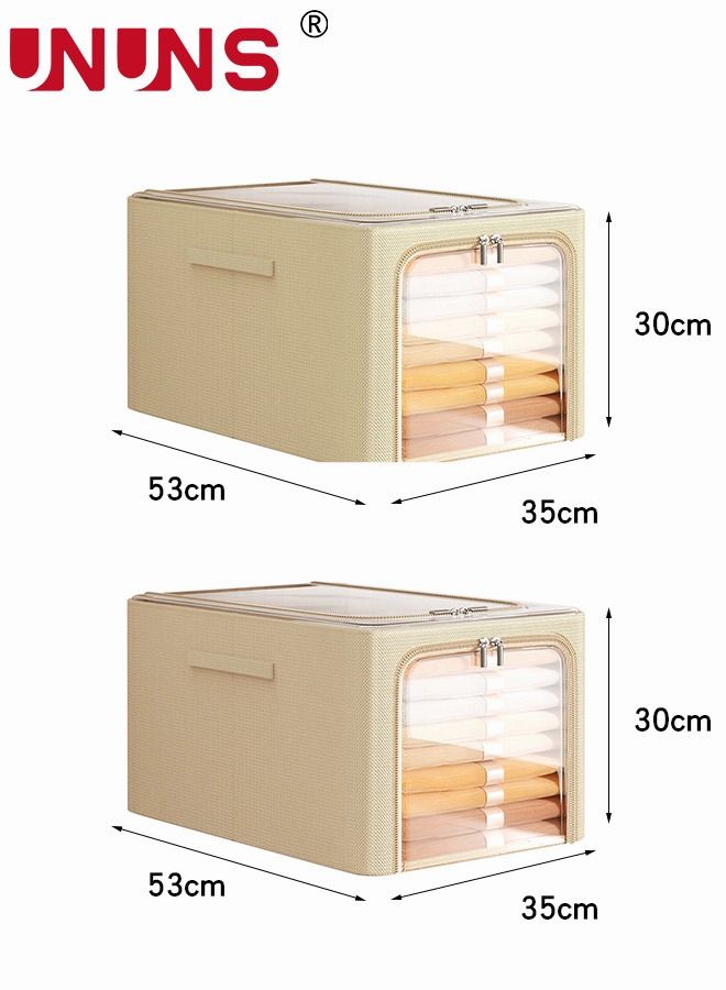 Foldable Clothes Box,2-Piece Oxford Fabric Closet Organizer Bag Set With Carry Handles And Clear Window,56L Large Capacity Steel Frame Storage Bins For Bedding Blankets Toys Gift,53x35x30cm