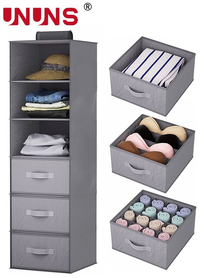 Hanging Closet Organizer and Storage Shelves,Wardrobe Clothes Organizer Closet Shelf, Storage Organizer,5 Shelf Closet Storage with 2 Storage Drawers