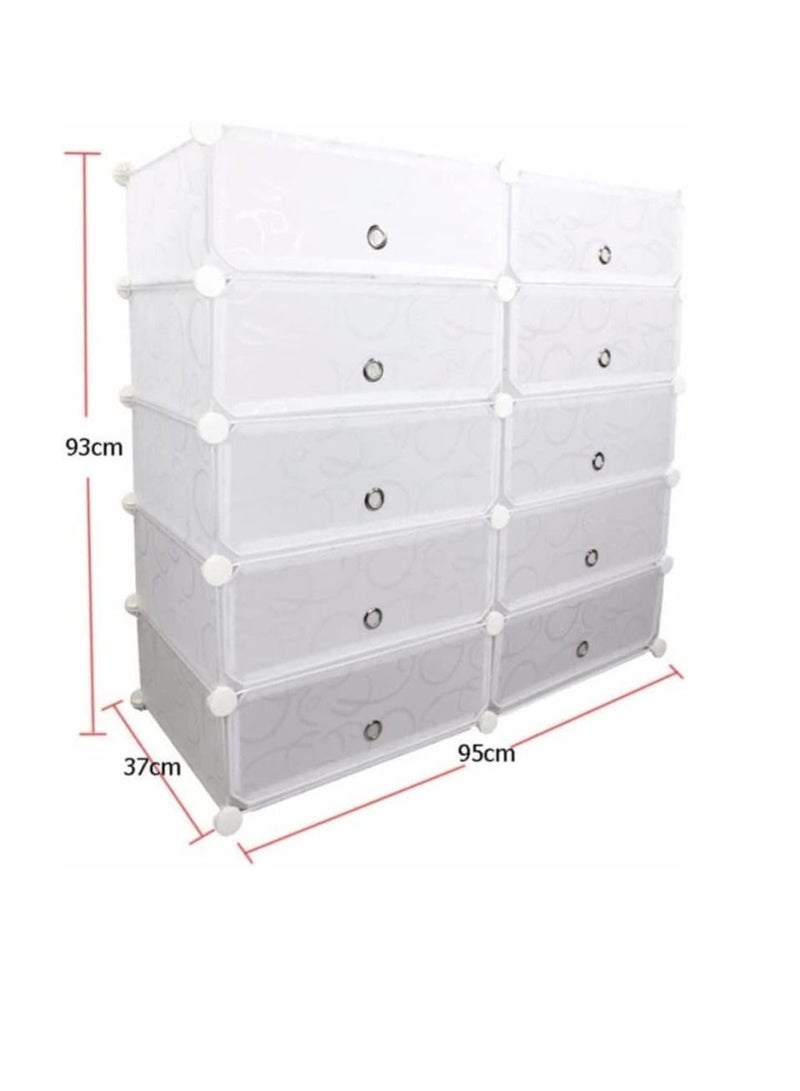 10-Cubes Rectangular Storage Shoe Cabinet, Shoe Rack, DIY Modular Plastic Storage Organizer with Doors,Shelving Bookcase Storage Unit Closet (White)