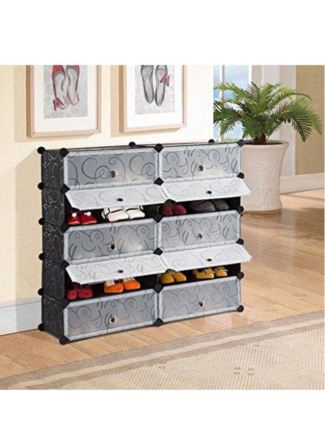 10-Cubes Rectangular Storage Shoe Cabinet, Shoe Rack, DIY Modular Plastic Storage Organizer with Doors,Shelving Bookcase Storage Unit Closet (White)