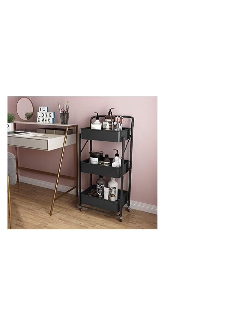 Foldable Storage Cart 3 Tier Metal Rolling Cart with Wheels Kitchen Storage Shelf Organizer for Living Room,Bedroom,Classroom