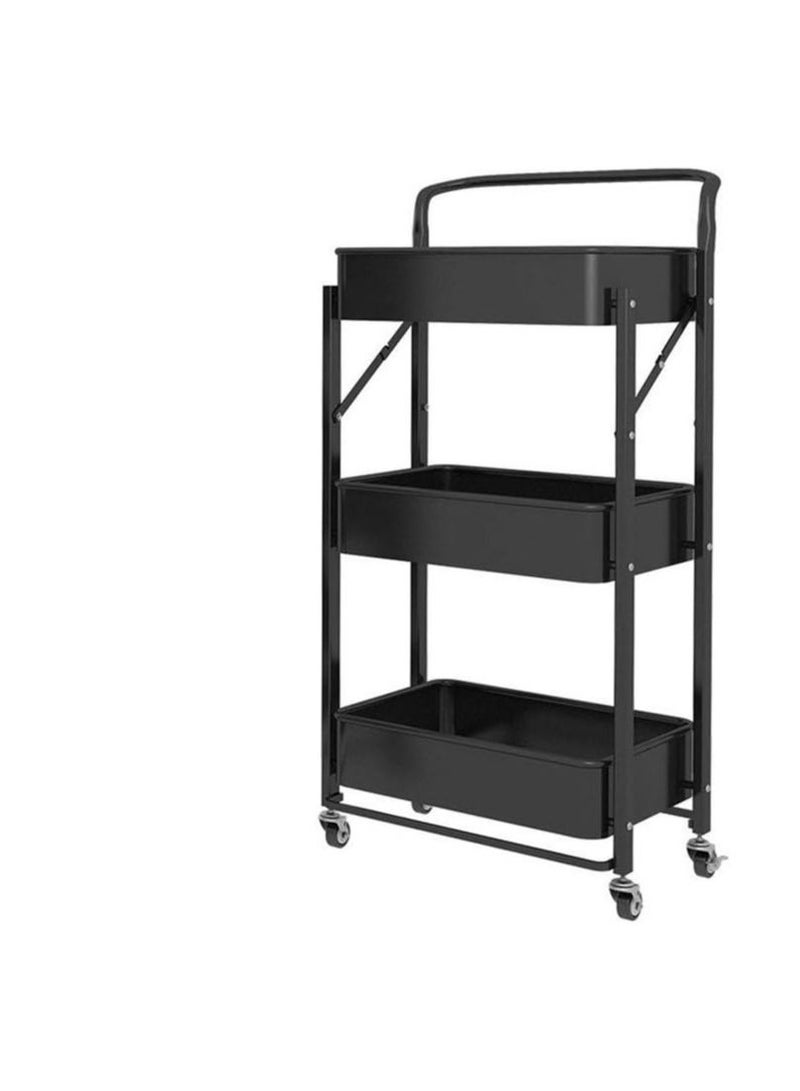 Foldable Storage Cart 3 Tier Metal Rolling Cart with Wheels Kitchen Storage Shelf Organizer for Living Room,Bedroom,Classroom