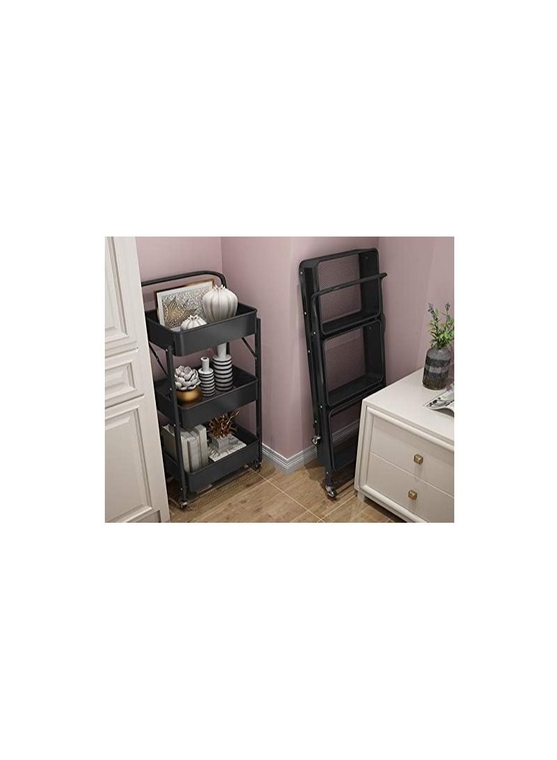 Foldable Storage Cart 3 Tier Metal Rolling Cart with Wheels Kitchen Storage Shelf Organizer for Living Room,Bedroom,Classroom