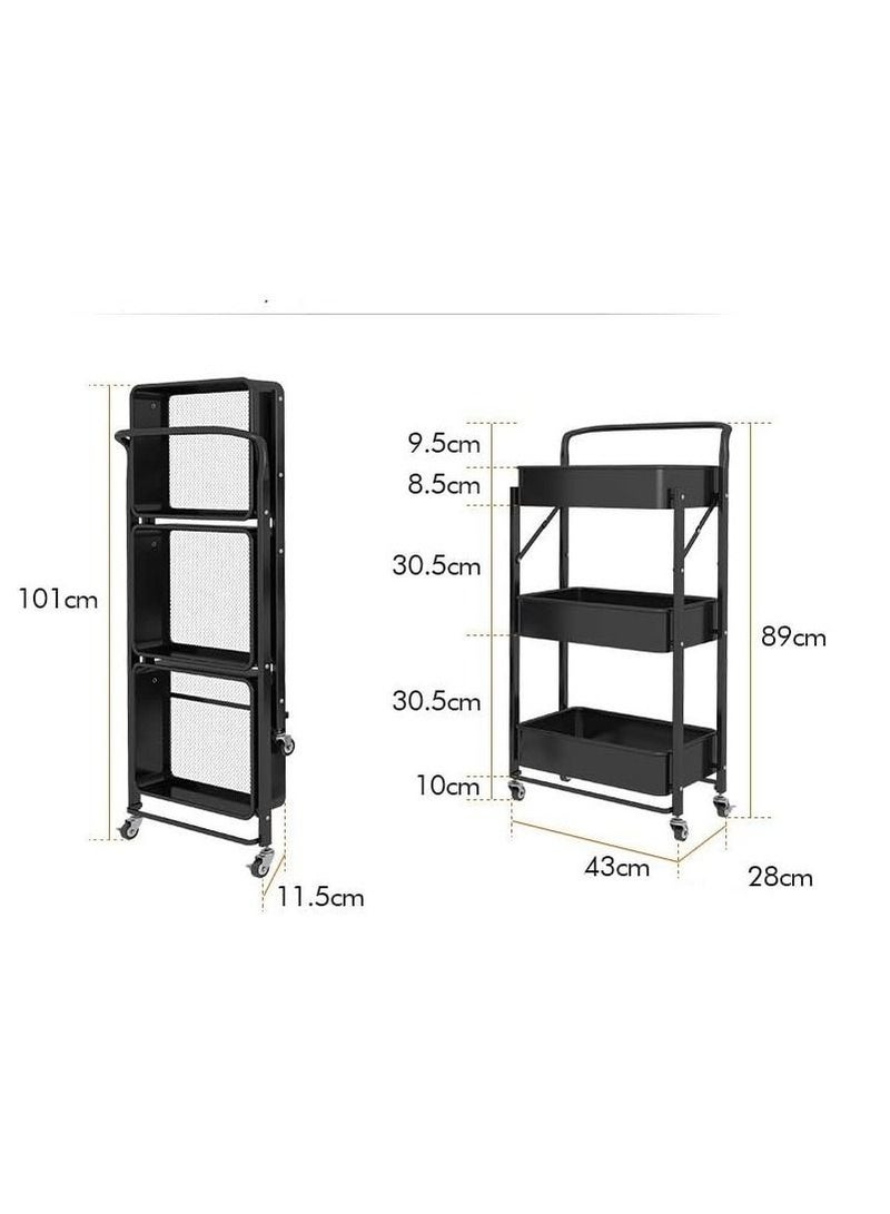 Foldable Storage Cart 3 Tier Metal Rolling Cart with Wheels Kitchen Storage Shelf Organizer for Living Room,Bedroom,Classroom