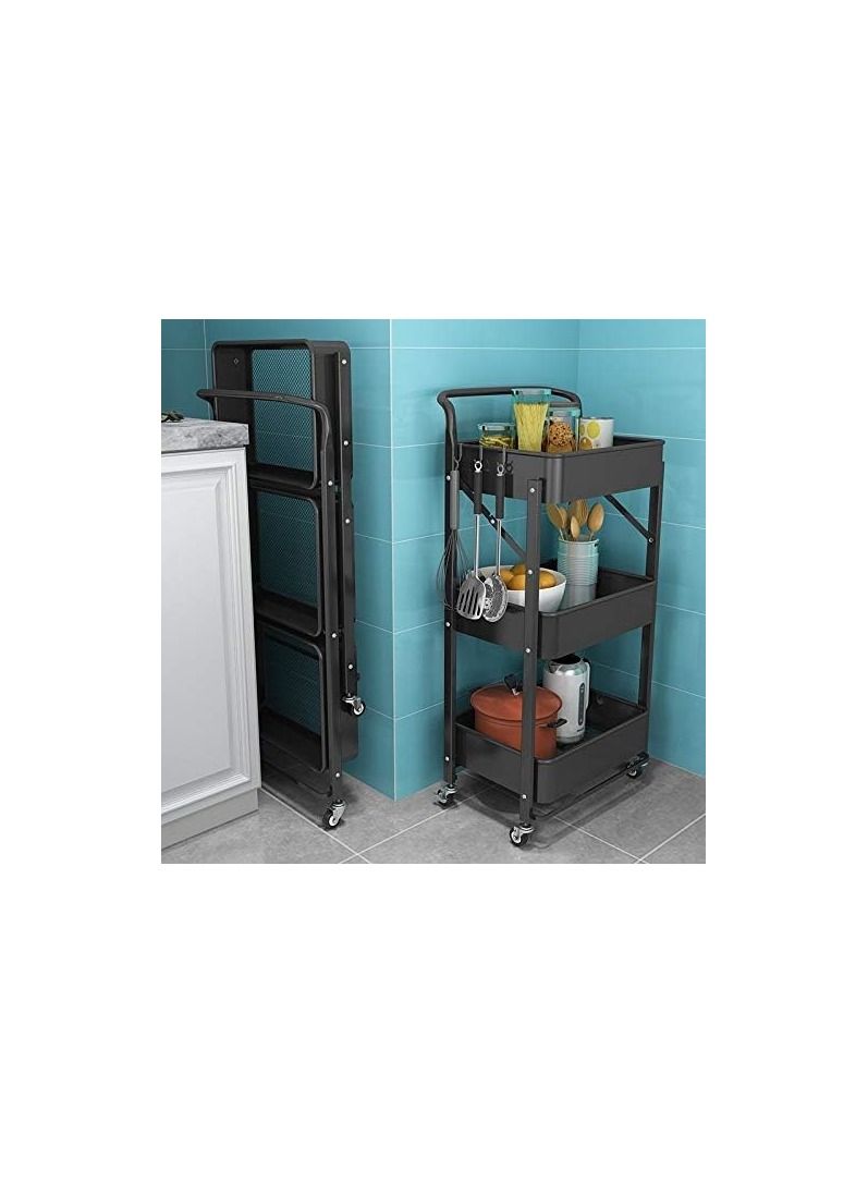Foldable Storage Cart 3 Tier Metal Rolling Cart with Wheels Kitchen Storage Shelf Organizer for Living Room,Bedroom,Classroom