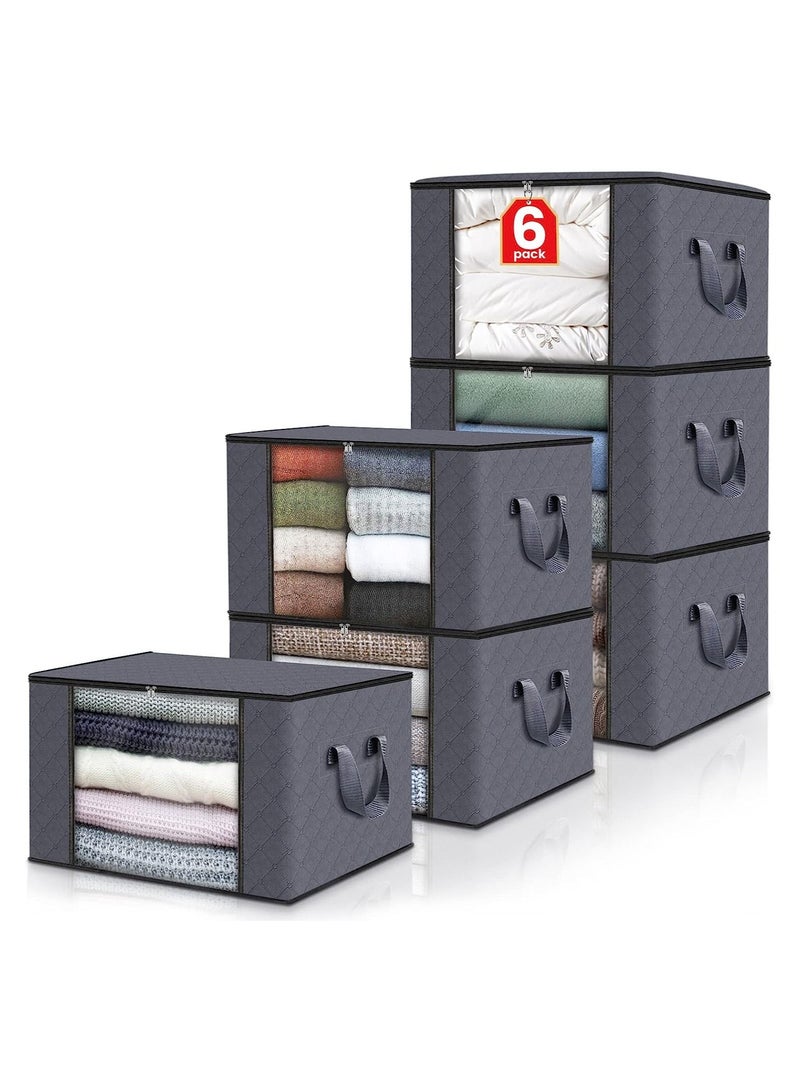 6 Pack Clothes Storage, Foldable Blanket Storage Bags, Storage Containers for Organizing Bedroom, Closet, Clothing, Comforter, Organization and Storage with Lids and Handle, Grey