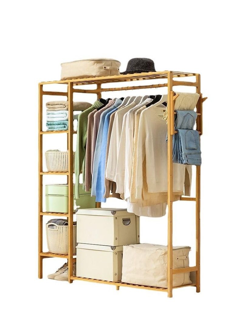 Bamboo Garment Clothing Rack Coat Hanging Rack with Storage Shelves Open Wardrobe Coat Stand Clothes Shoes Organizer with Back Cover for Entryway Living Room