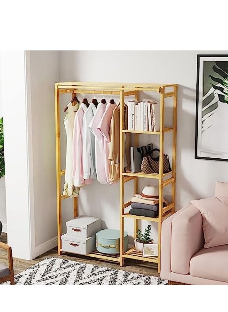 Bamboo Garment Clothing Rack Coat Hanging Rack with Storage Shelves Open Wardrobe Coat Stand Clothes Shoes Organizer with Back Cover for Entryway Living Room