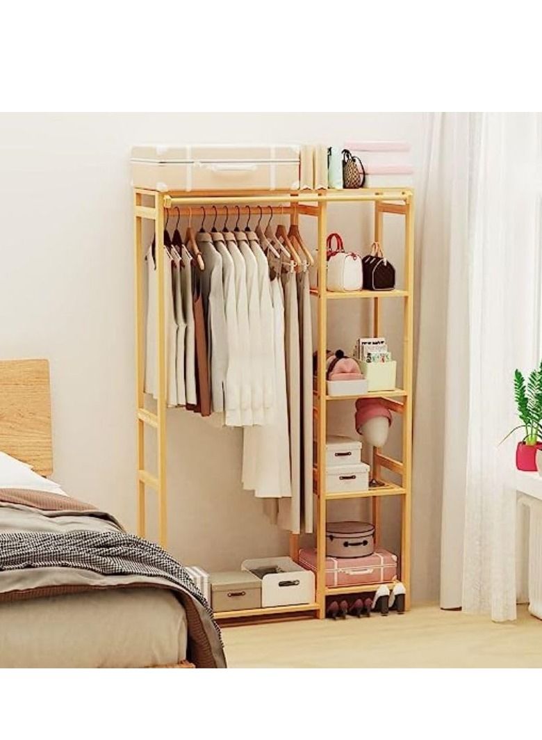 Bamboo Garment Clothing Rack Coat Hanging Rack with Storage Shelves Open Wardrobe Coat Stand Clothes Shoes Organizer with Back Cover for Entryway Living Room