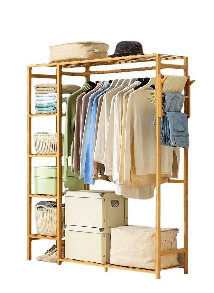 COOLBABY Bamboo Garment Clothing Rack Coat Hanging Rack with Storage Shelves Open Wardrobe Coat Stand Clothes Shoes Organizer with Back Cover for Entryway Living Room