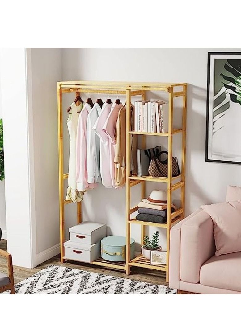 COOLBABY Bamboo Garment Clothing Rack Coat Hanging Rack with Storage Shelves Open Wardrobe Coat Stand Clothes Shoes Organizer with Back Cover for Entryway Living Room