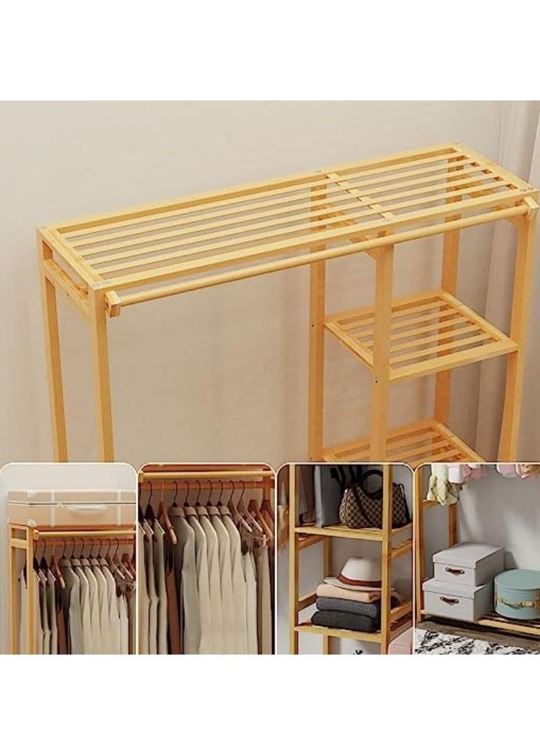 COOLBABY Bamboo Garment Clothing Rack Coat Hanging Rack with Storage Shelves Open Wardrobe Coat Stand Clothes Shoes Organizer with Back Cover for Entryway Living Room