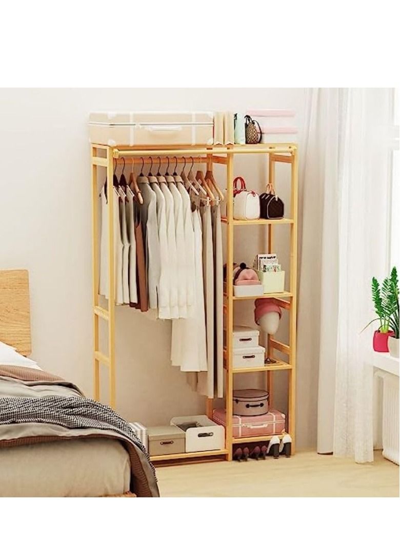 COOLBABY Bamboo Garment Clothing Rack Coat Hanging Rack with Storage Shelves Open Wardrobe Coat Stand Clothes Shoes Organizer with Back Cover for Entryway Living Room